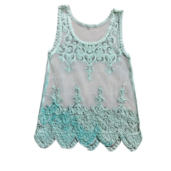 Cecico Women's Sheer Embroidered Turquoise Sleeveless Top - Picture 3 of 6